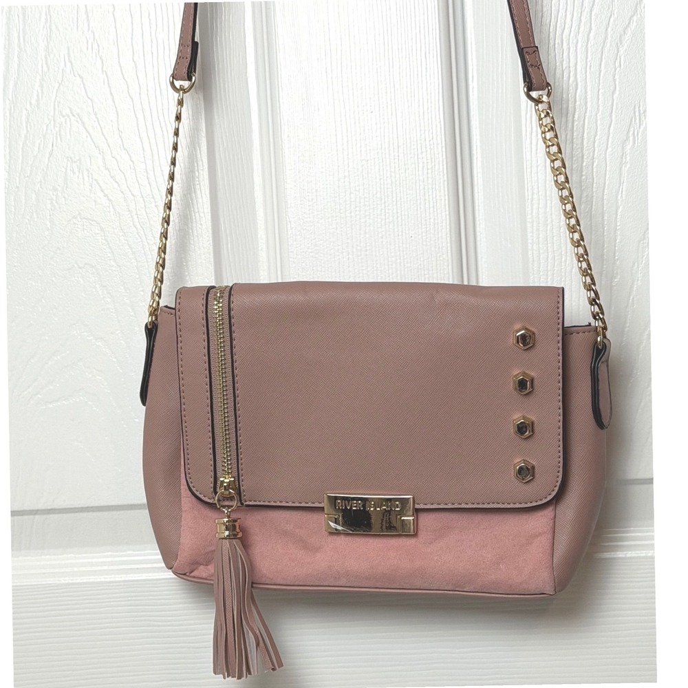 River Island Womens Mauve Pink Studded Tassel Crossbody Bag Gold Hardware 712133